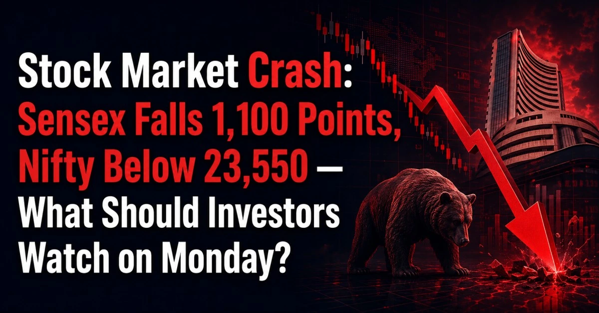Stock market crash today with Sensex falling 1,100 points and Nifty below 23,550 as investors watch Monday market outlook.